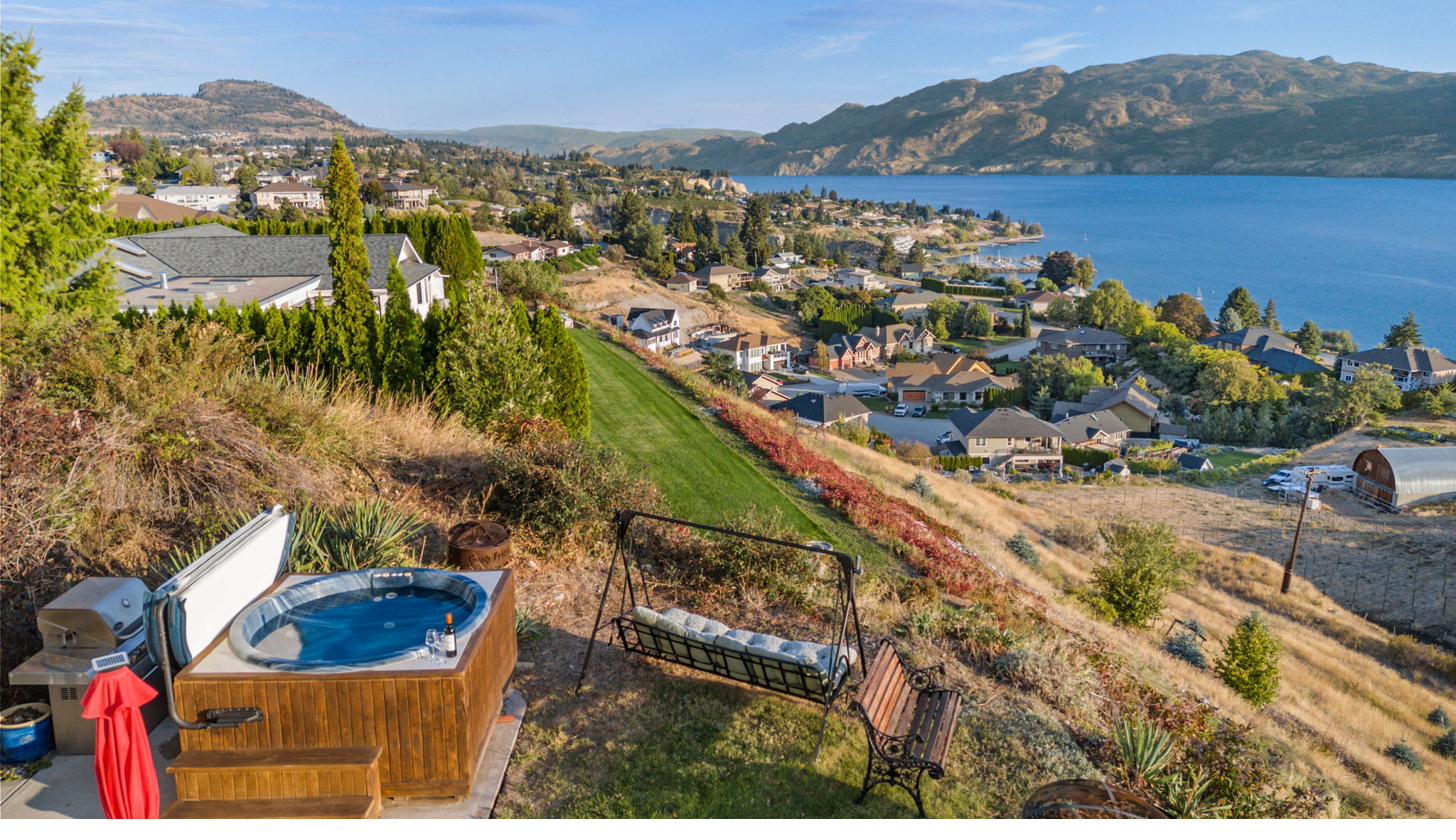 Aerial view looking down on the hot tub and patio