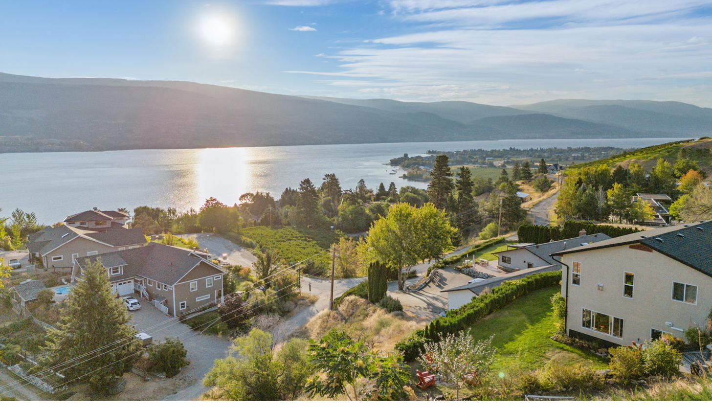 Sunrise aerial view of Okanagan Lake from Summerland hillside